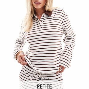 Vero Moda Petite jersey polo top in cream & brown stripe (part of a set) size L
